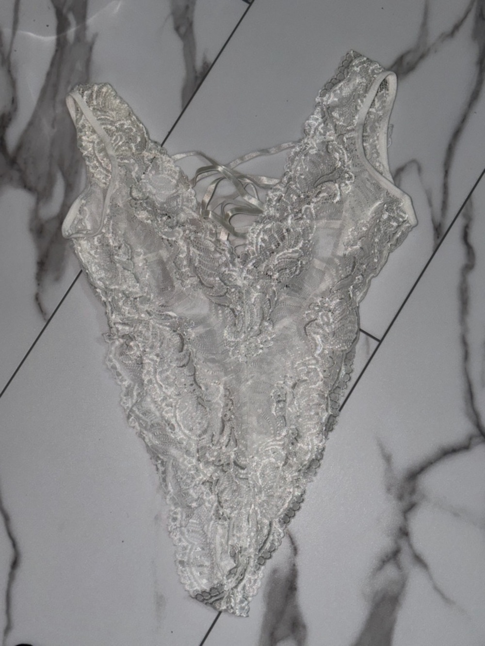 JSCatalog white Lace V-Neck Lace-Up Chemise Bodysuit